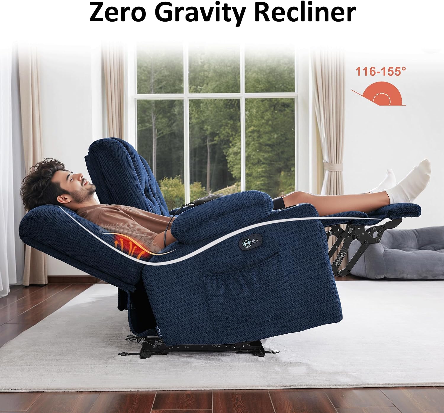 MCombo Zero Gravity Power Loveseat Sofa, Heat and Massage, Reclining Loveseat for Living Room, Fabric 6035SET (Navy Blue, Loveseat)