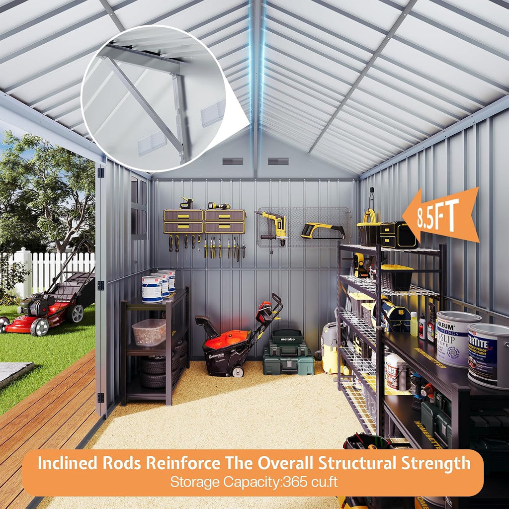 VanAcc 8.5x7.1x7.5 FT Galvanized Steel Outdoor Storage Shed, Lockable Double Hinged Doors and 4 Vents, Metal Shed for Backyard Storage, Dark Black/White