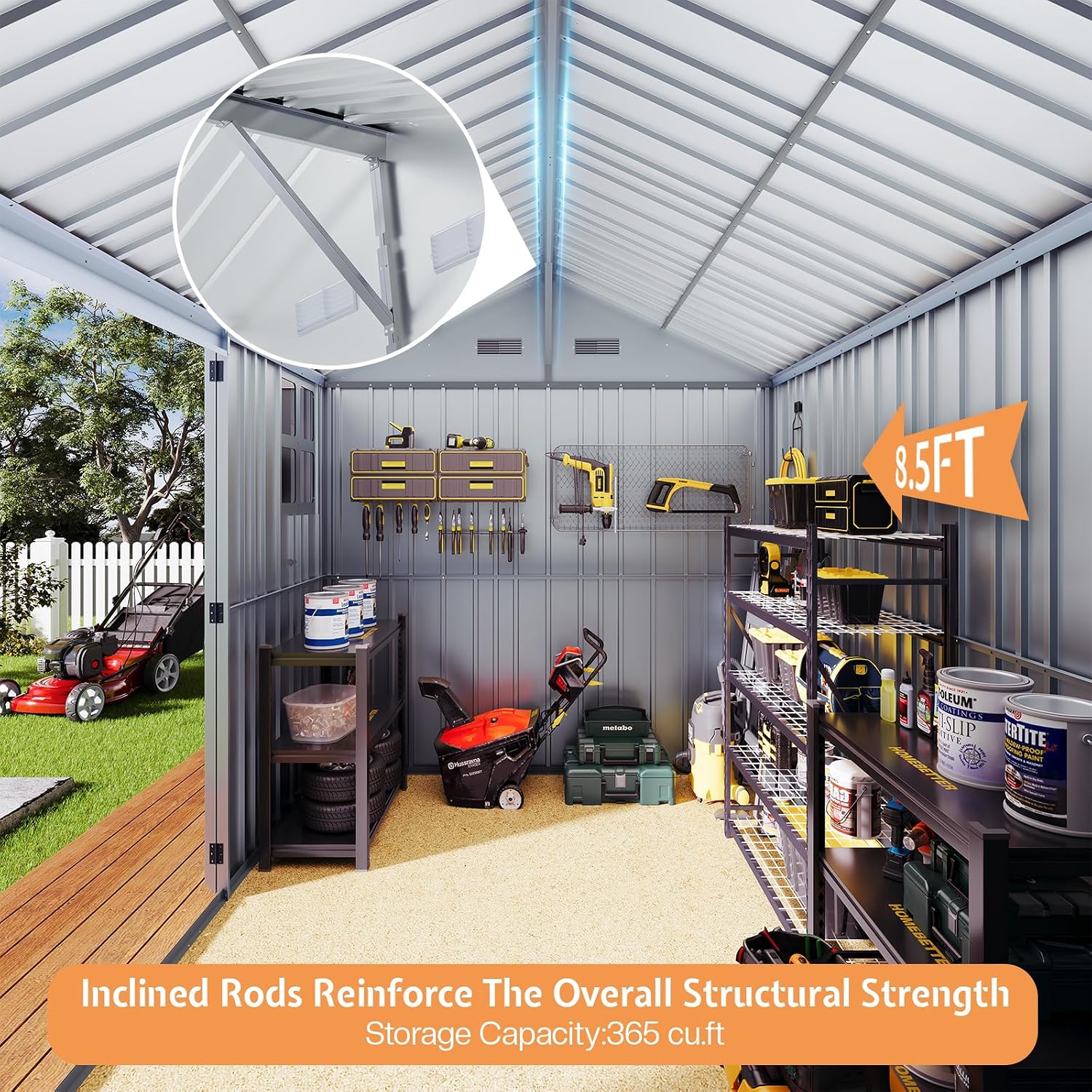 VanAcc 8.5x7.1x7.5 FT Galvanized Steel Outdoor Storage Shed, Lockable Double Hinged Doors and 4 Vents, Metal Shed for Backyard Storage, Dark Black/White