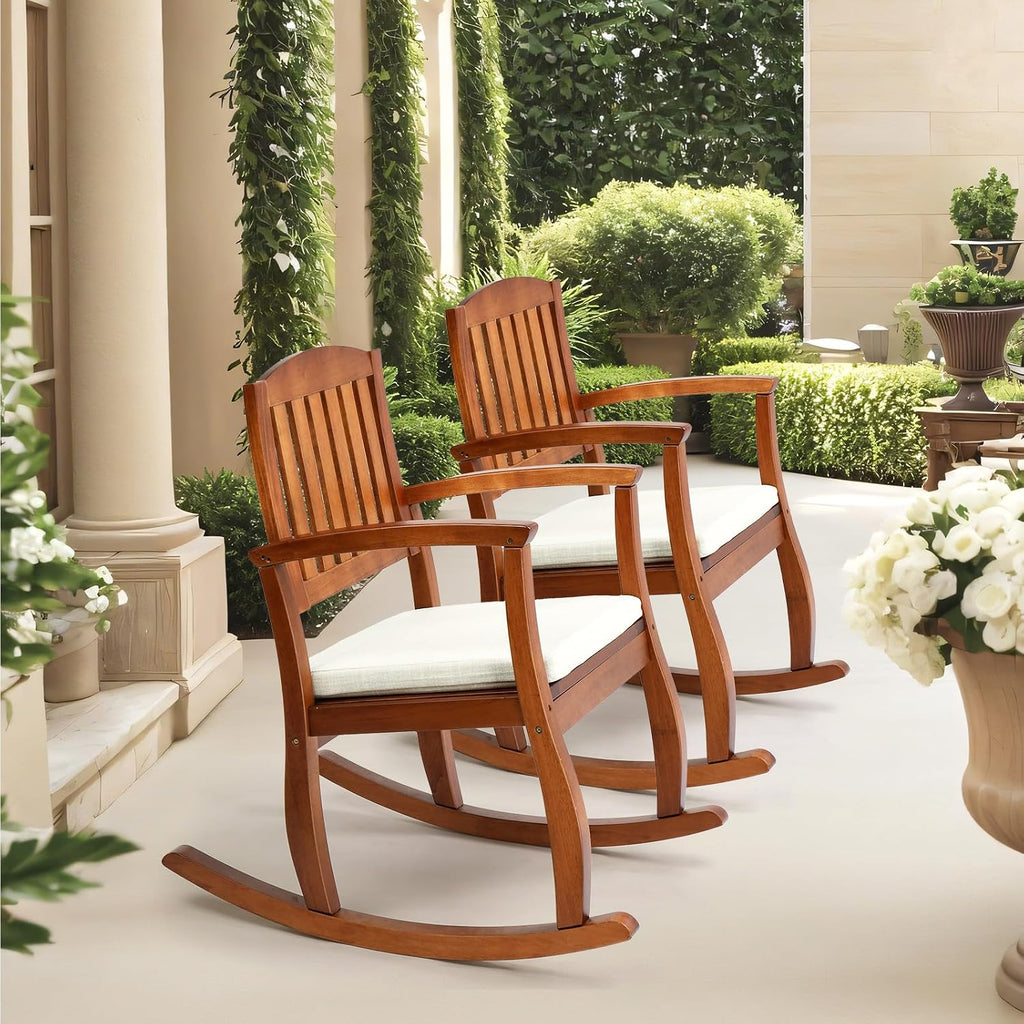 VINGLI Patio Rocking Chair with Cushion, Wood Rocking Bench with Comfortable Backrest, Outdoor Wooden Rocker Support 450 LBS for Indoors & Outdoors, Teak(2 PCS)
