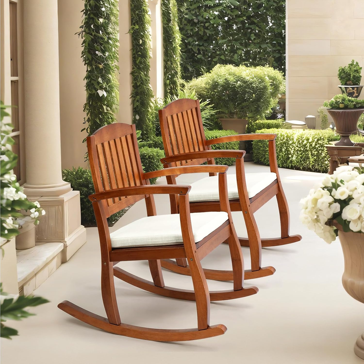VINGLI Patio Rocking Chair with Cushion, Wood Rocking Bench with Comfortable Backrest, Outdoor Wooden Rocker Support 450 LBS for Indoors & Outdoors, Teak(2 PCS)