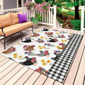 Farmhouse Rooster Outdoor Rug for Patio/Deck/Porch, Non-Slip Large Area Rug 4 x 6 Ft, Country Watercolor Flowers Black Plaid Indoor Outdoor Rugs Washable Area Rugs, Camping Rug Carpet Runner