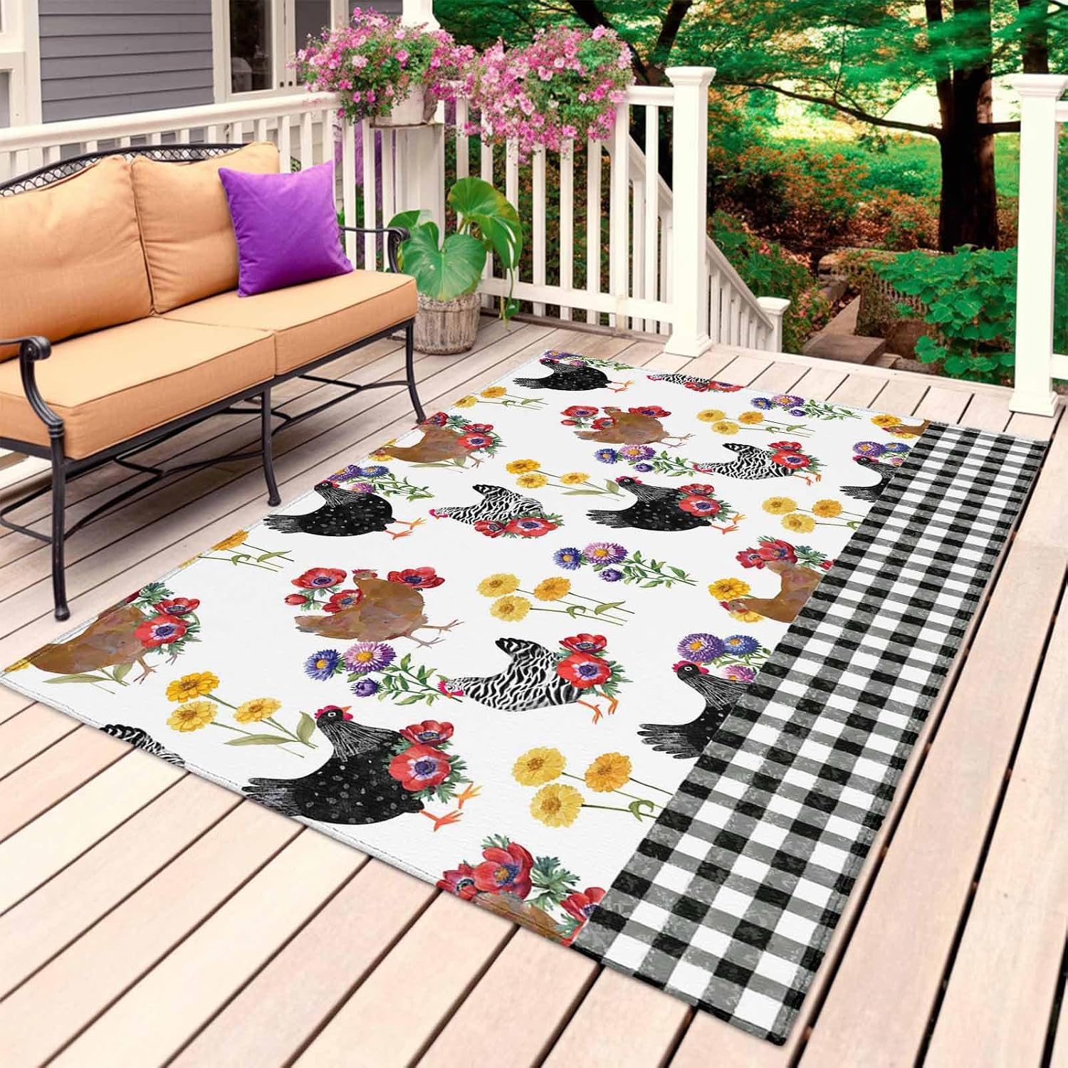 Farmhouse Rooster Outdoor Rug for Patio/Deck/Porch, Non-Slip Large Area Rug 4 x 6 Ft, Country Watercolor Flowers Black Plaid Indoor Outdoor Rugs Washable Area Rugs, Camping Rug Carpet Runner