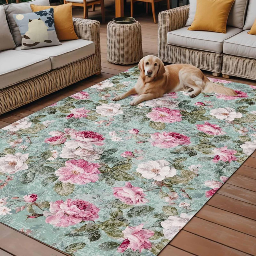 Vintage Spring Floral Outdoor Rug for Patio/Deck/Porch, Non-Slip Large Area Rug 5 x 8 Ft, Botanical Summer Pink Green Indoor Outdoor Rugs Washable Area Rugs, Reversible Camping Rug Carpet Runner