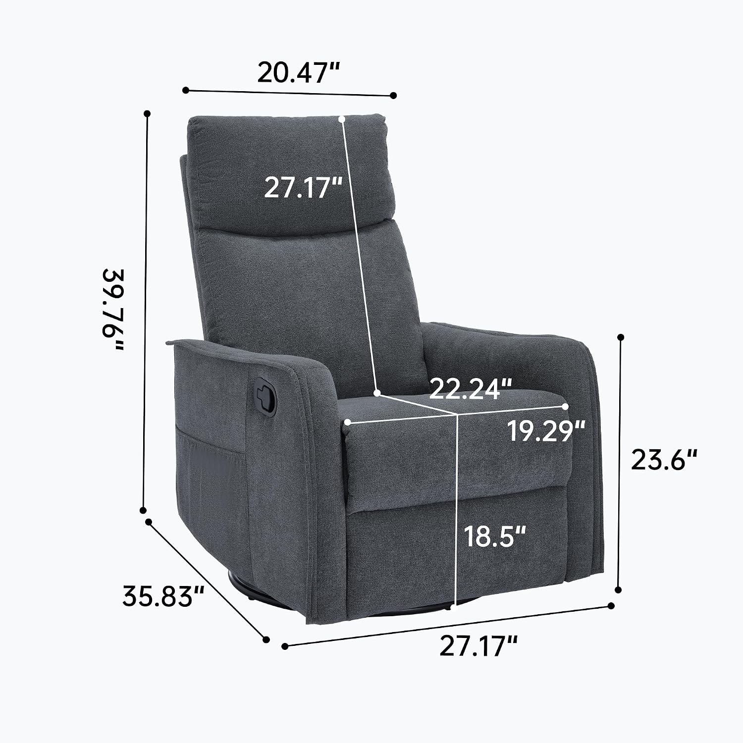 PELUMY 360 Swivel Rocking Recliner Chair for Adults, Nursery Rocking Chair with Heat and Massage, Glider Reclining Chair for Small Space, Living Room, Bedroom (Dark Grey)