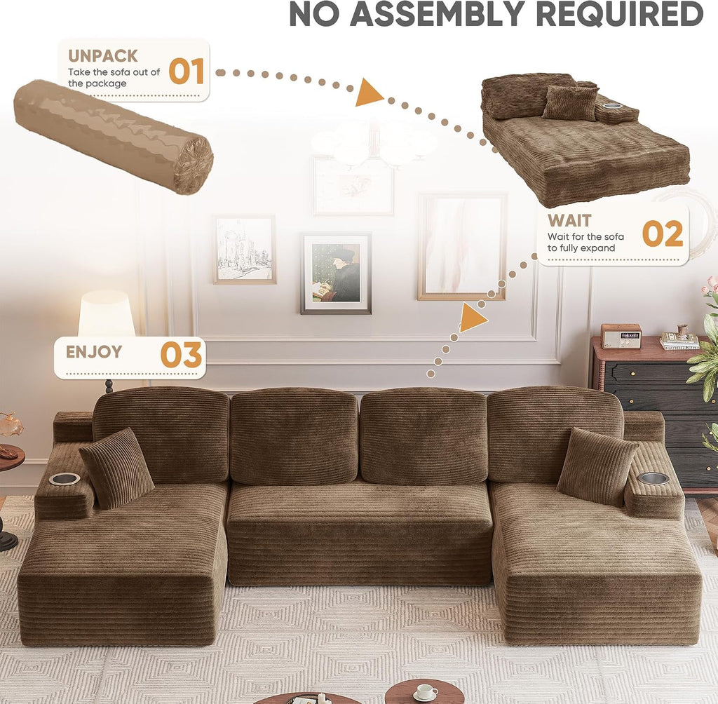 Homall 142' Boneless Couch, Modular Sectional Sofa, No Assembly Required, Memory Foam Filling, Corduroy U-Shaped Sofa, Movable Multi-Person Couch for Living Room (Brown)