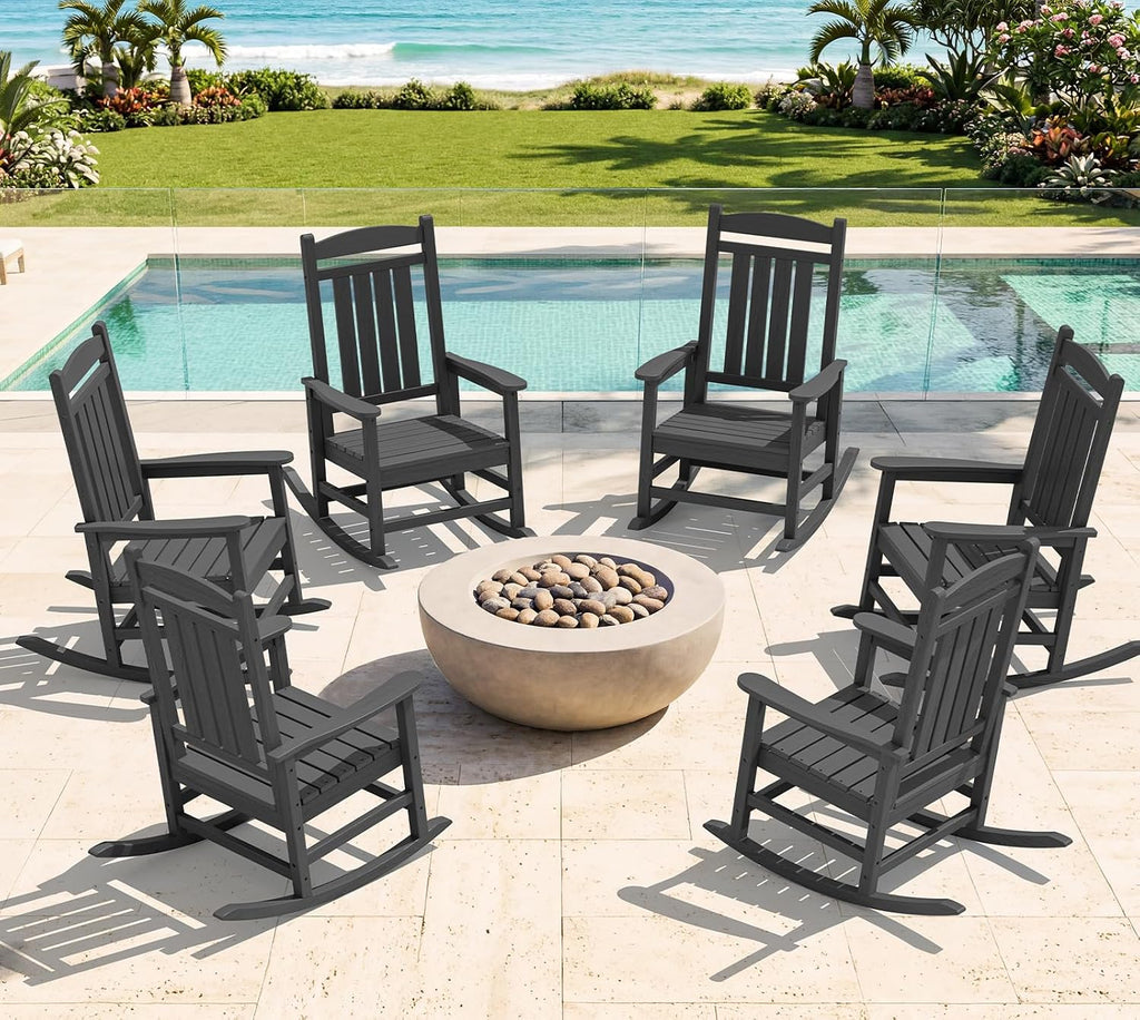 KINGYES Oversized HDPE Patio Rocking Chair Set of 6, Outdoor Rocking Chairs Porch Recliner Rocker for Adults, Grey