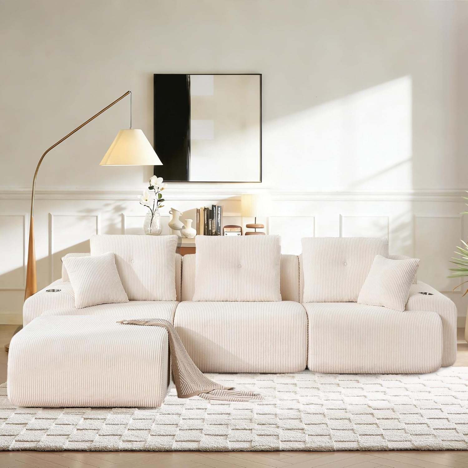 118' Modular Sectional Sofa with Cup Holders, Modern Boneless Sectional Couch with Side Storage Pockets and Movable Ottoman, Oversized L-Shape Couch for Living Room Bedroom, Apartments, White