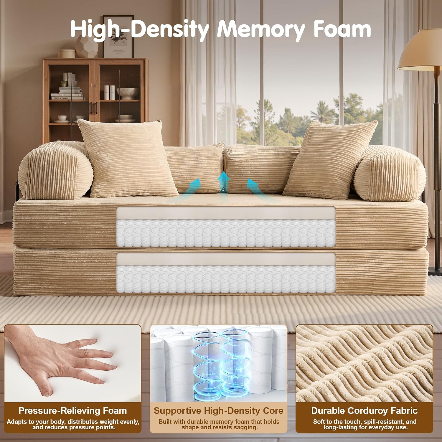 81″ Convertible Sleeper Sofa Bed with Pillows, Corduroy Foldable Mattress Couch with Fixed-Shape Frame, Futon Sofa Bed, Boneless Couch for Living Room Bedroom Lounge Studio, Beige