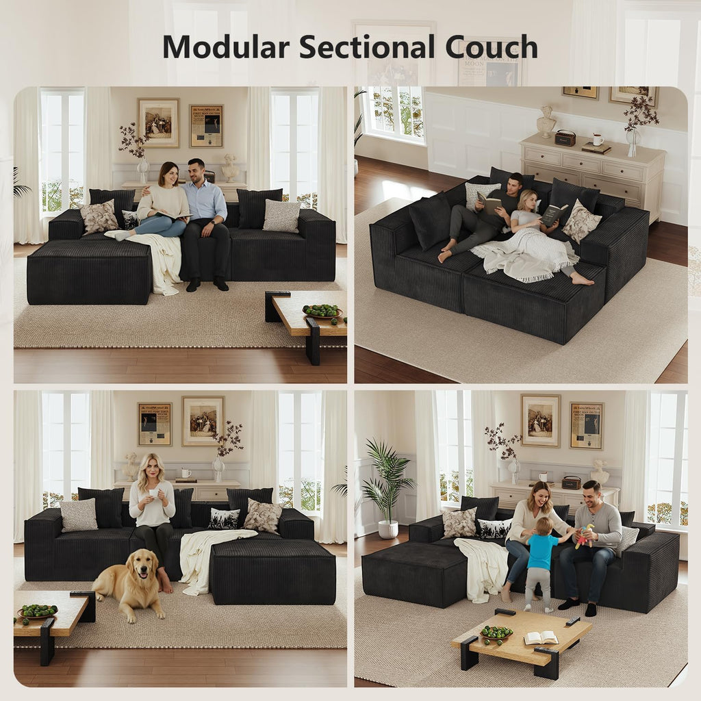 110' Sectional Couches for Living Room, 3 Seat Grey Corduroy Convertible Boneless Couches Sofa Bed with Pillows, Home Sofa Living Room Bedroom, Memory Foam Modular Couch Daybed Lazy Floor Bed