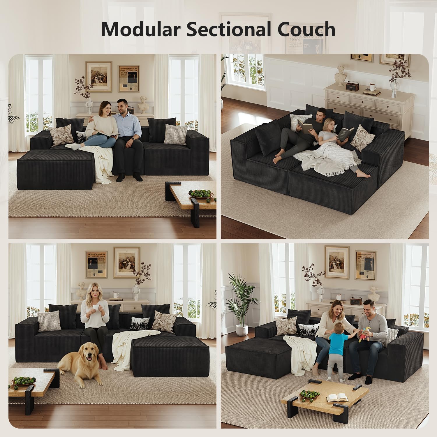 110' Sectional Couches for Living Room, 3 Seat Grey Corduroy Convertible Boneless Couches Sofa Bed with Pillows, Home Sofa Living Room Bedroom, Memory Foam Modular Couch Daybed Lazy Floor Bed