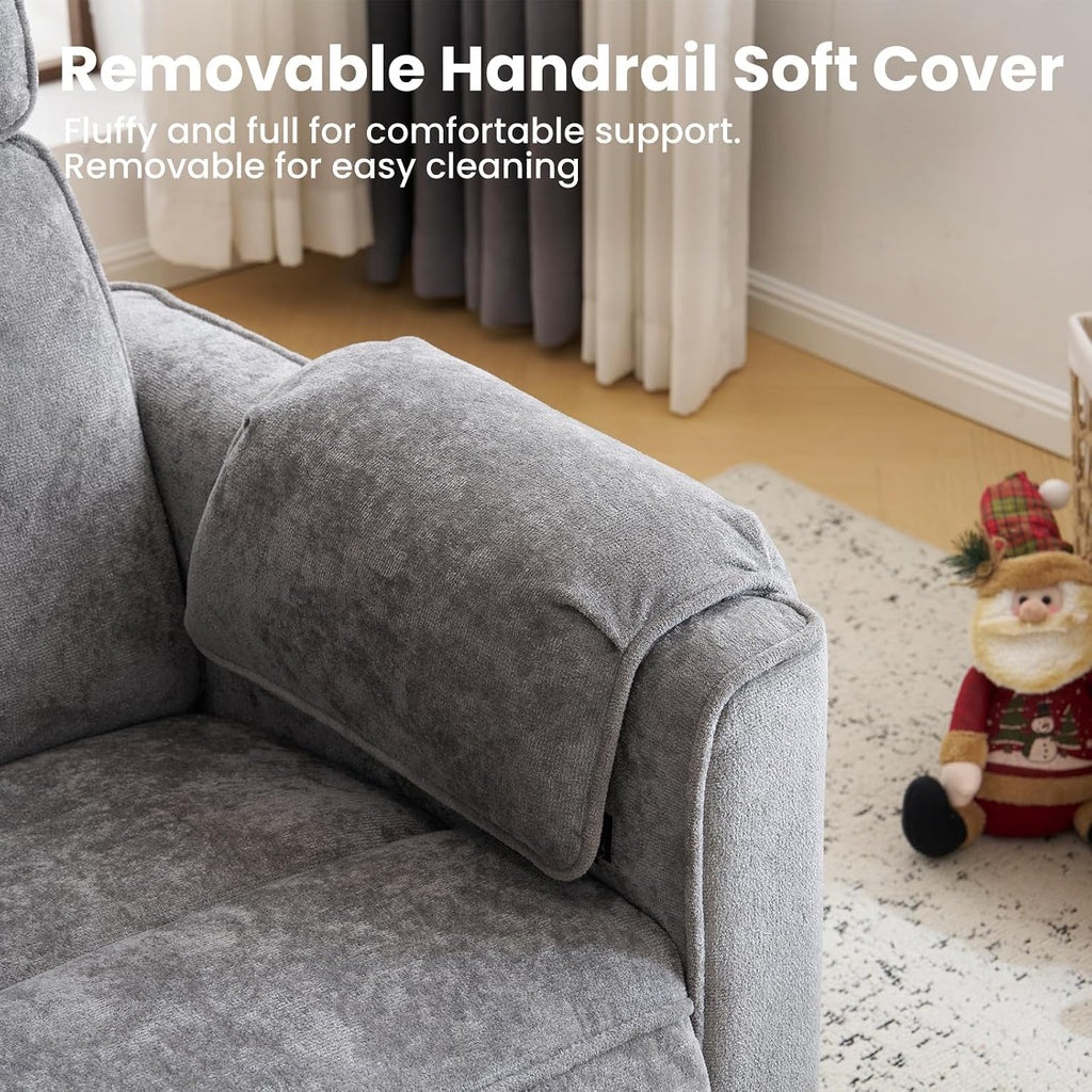Chenille Rocking Chair Nursery with Adjustable Headrest, 24' Extra Wide Swivel Rocker Recliner with Overstuffed Armrest, Oversized Power Rocker Recliner with USB Ports, Grey