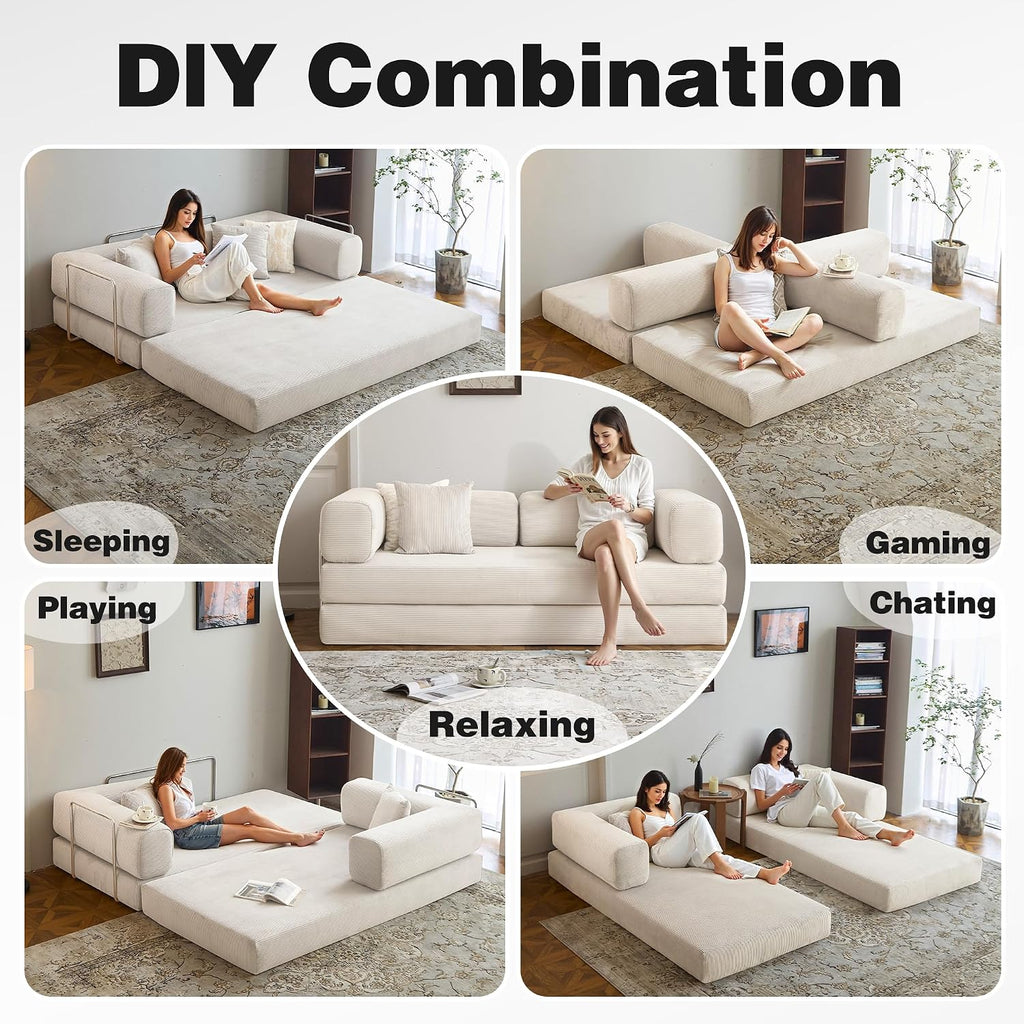 78.8' Convertible Sofa Bed -Compression Sofa with Corduroy Fabric - with Armrests and Backrest - Modular Sectional for Living Room, Bedroom, Studio - Compression Sofa in Box (Beige)