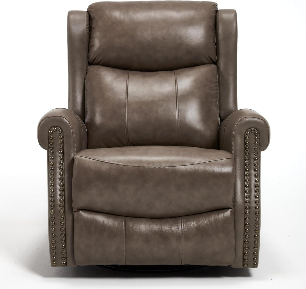 360° Swivel Glider Chair for Nursery, Wingback Genuine Leather Rocking Recliner with Lumbar Heat & Massage, 8-Point Vibration Massage for Living Room Bedroom