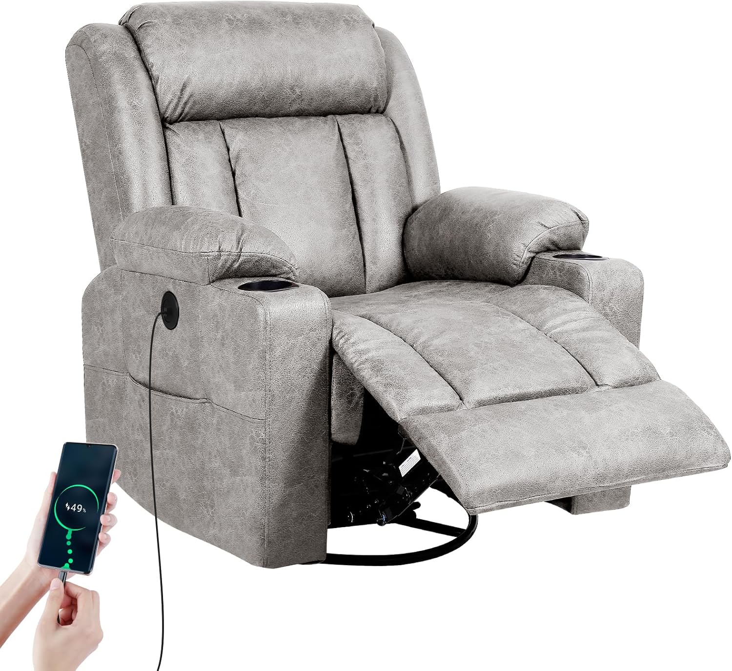 LAFWELL Retro Rocking Recliner Chair, Massage Rocker Recliner Chair with Vibration Massage and Heat, USB and Type-C Ports,360° Swivel Chairs, Living Room, Bedroom, Nursery, RV, Light Grey