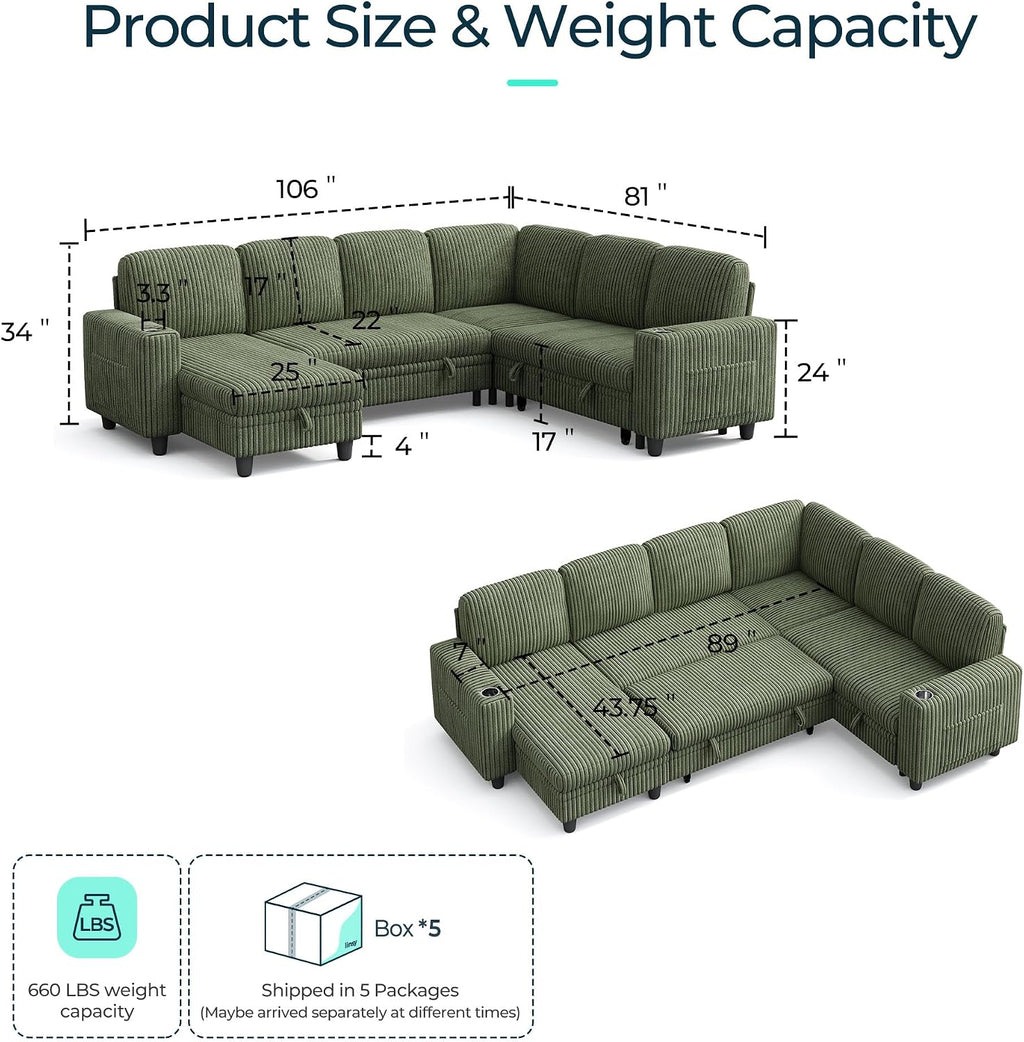 LINSY HOME Sectional Sofa with Pull Out Bed, 6 Seats Corduroy Reversible Sleeper Sofa with Storage Seats & Chaises, USB Ports, Cup Holders, Side Pocket, Sectional Couches for Living Room, Green | Plush corduroy