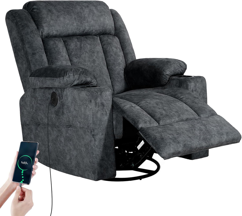 LAFWELL Retro Rocking Recliner Chair, Massage Rocker Recliner Chair with Vibration Massage and Heat, USB and Type-C Ports,360° Swivel Chairs,Living Room, Bedroom, Nursery, RV, Dark Grey
