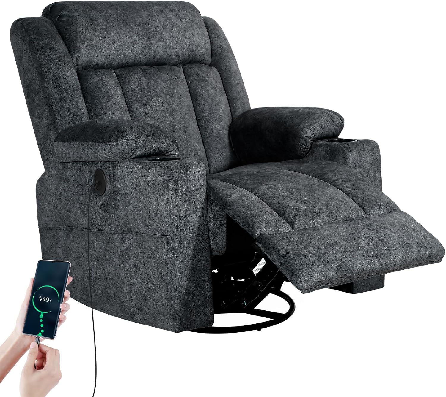 LAFWELL Retro Rocking Recliner Chair, Massage Rocker Recliner Chair with Vibration Massage and Heat, USB and Type-C Ports,360° Swivel Chairs,Living Room, Bedroom, Nursery, RV, Dark Grey