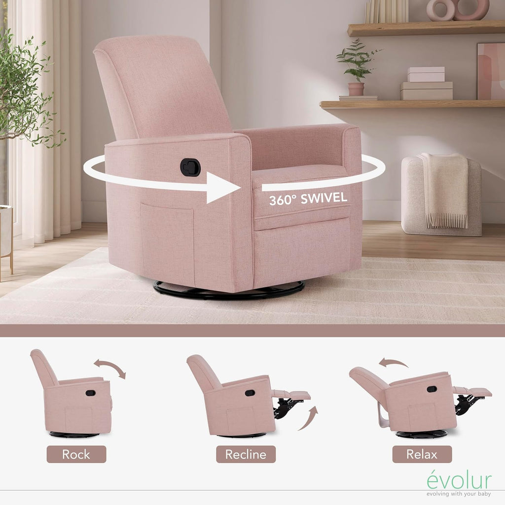 évolur Raleigh Upholstered Manual Glider Recliner– Rocking & 360° Swivel with Smooth Glide – Greenguard Gold & FSC Certified – Modern Nursery and Living Room Chair in Rose
