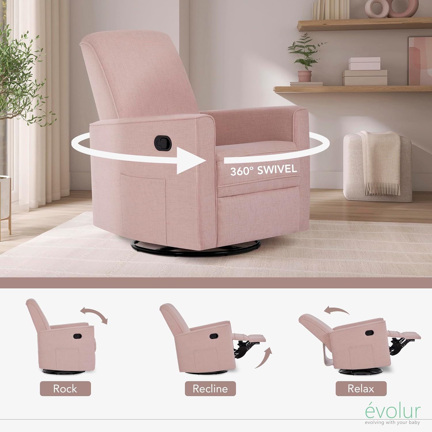 évolur Raleigh Upholstered Manual Glider Recliner– Rocking & 360° Swivel with Smooth Glide – Greenguard Gold & FSC Certified – Modern Nursery and Living Room Chair in Rose