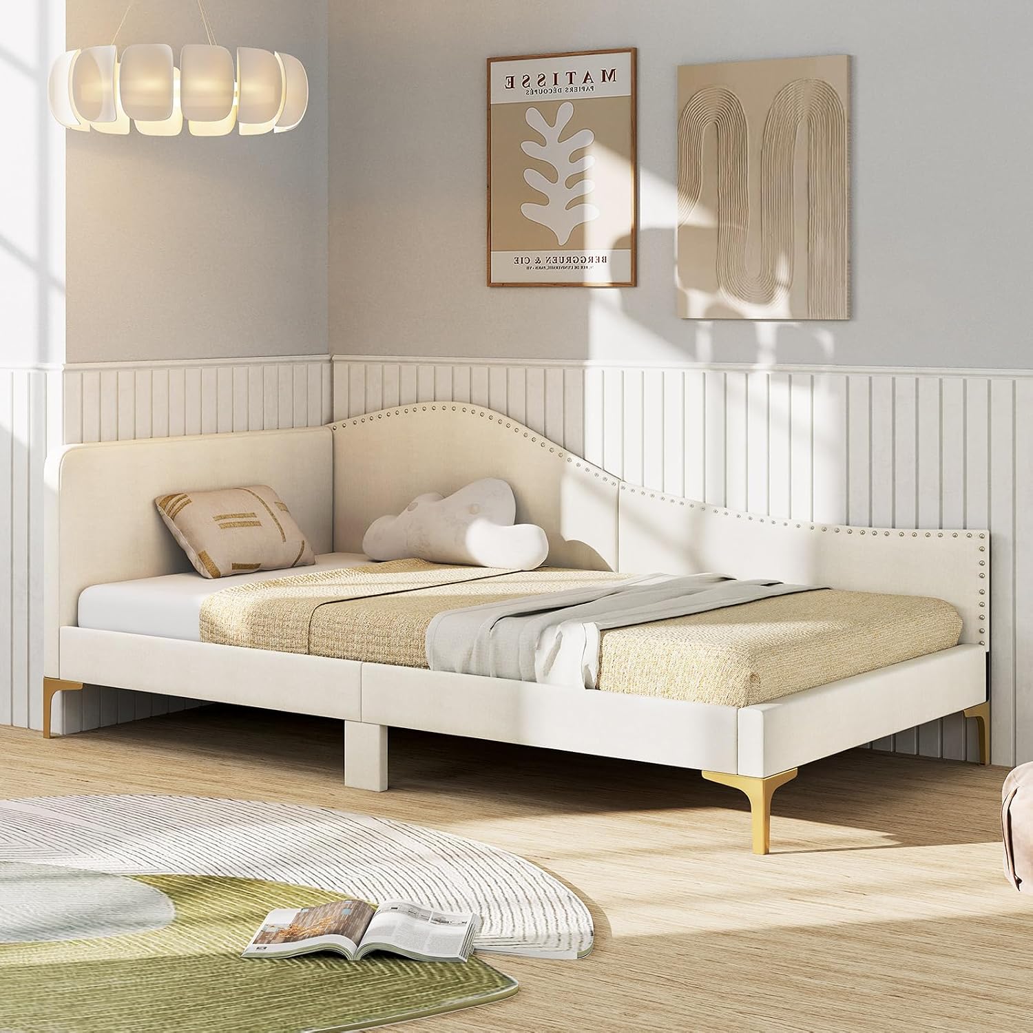 Giantex Twin Size Upholstered Daybed, Rivet-Tufted Platform Bed with Headboard, Metal Legs & Wood Slats, L-Shaped Corner Sofa Bed for Living Room & Guest Room, No Box Spring Needed, Beige