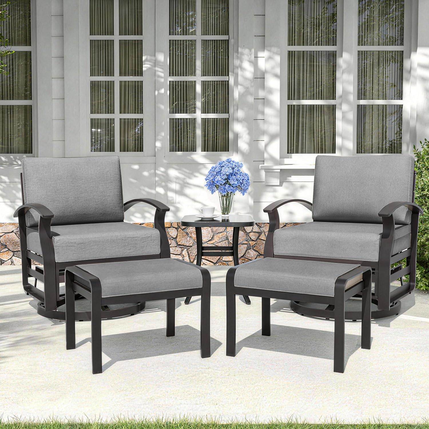 Kurapika 5 Pieces Patio Furniture Set, Outdoor Aluminum Rocking Chair, Patio Bistro Set Swivel Gliders Rocker with Thickened Cushions and Side Table(Grey)