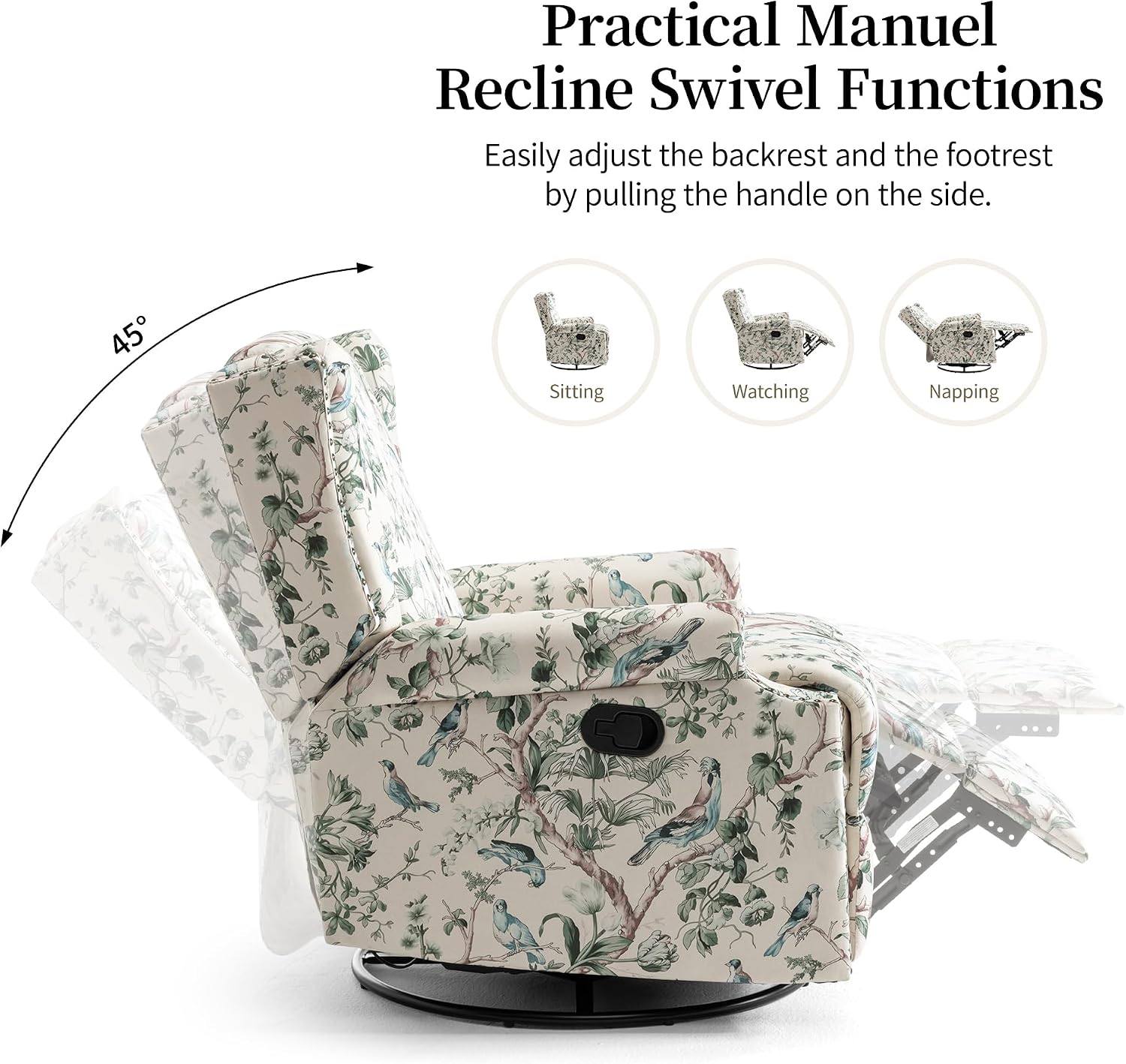 Swivel Rocker Recliner Chair, 360° Swivel Wingback Recliner Chairs for Adults, Upholstered Printed Fabric Glider Rocking Chair with High Back, Deep Seat for Living Romm Bedroom, Bird