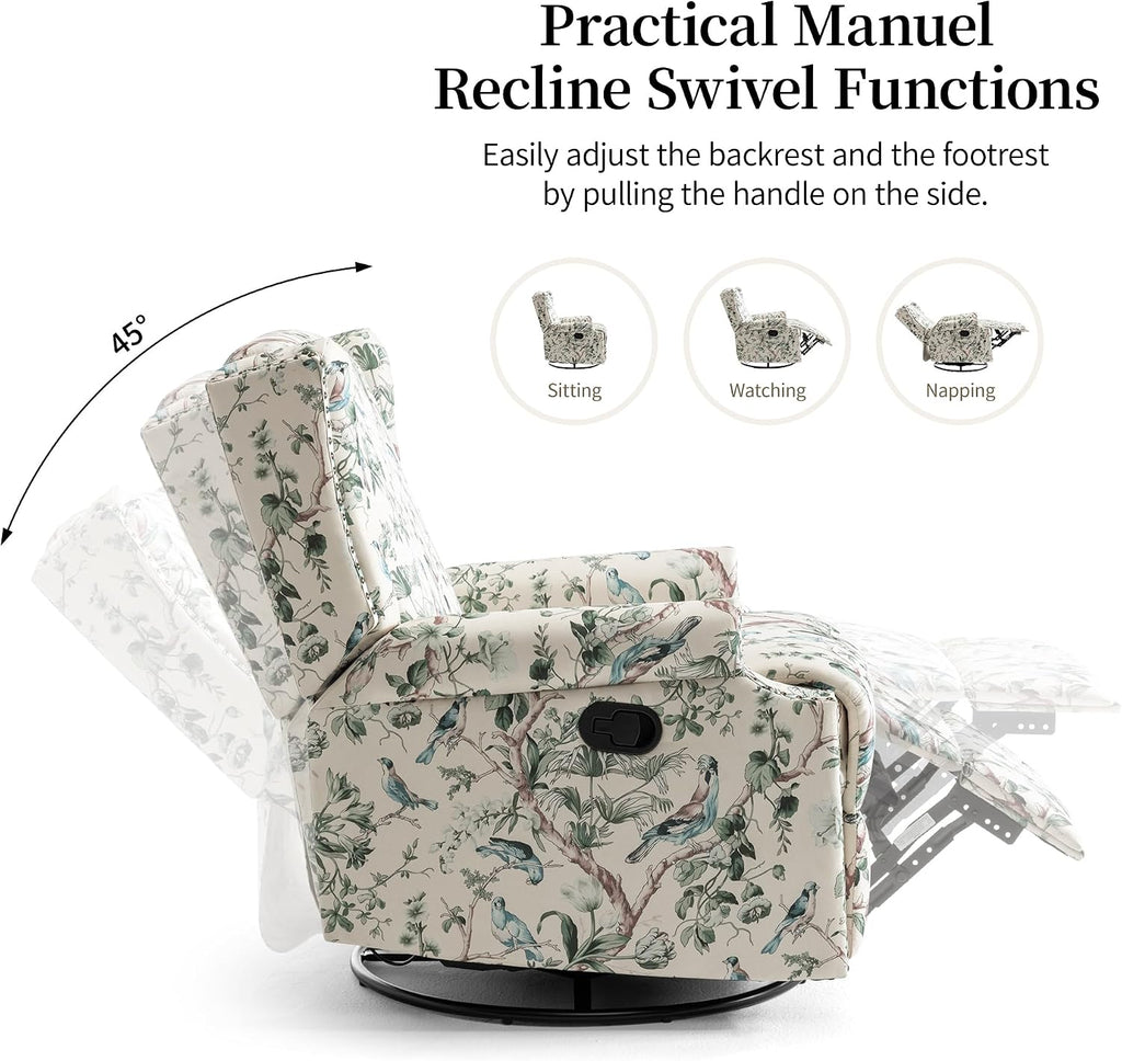 Swivel Rocker Recliner Chairs Set of 2, 360° Swivel Wingback Recliner Chairs for Adults, Upholstered Printed Fabric Glider Rocking Chair with High Back, Deep Seat for Living Romm Bedroom, Bird