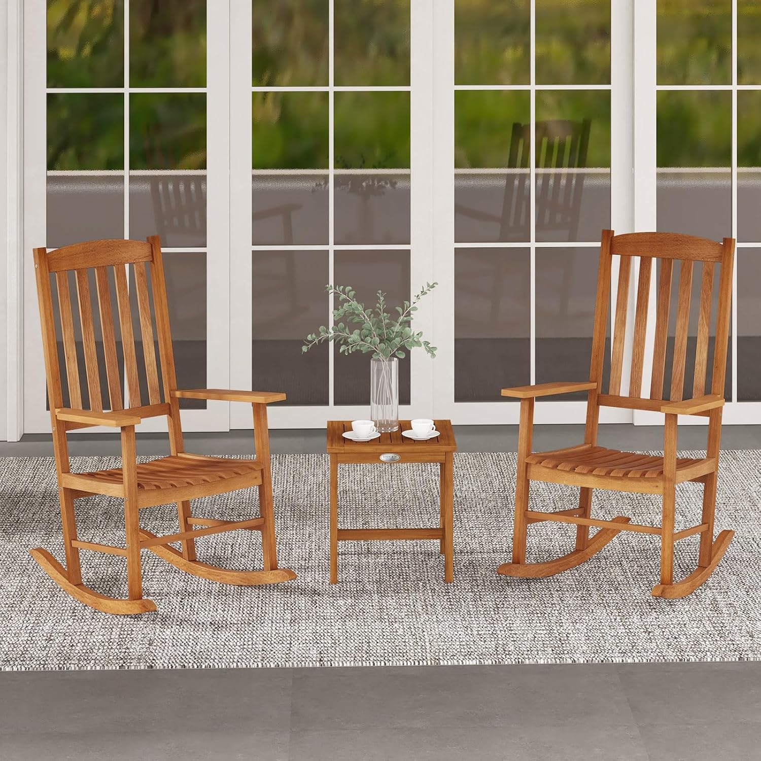 Tangkula Patio Rocking Chair with 400 lbs Weight Capacity, Eucalyptus Wood Porch Rocker with High Back, Patio Rocker Chair for Indoor and Outdoor Use (2)