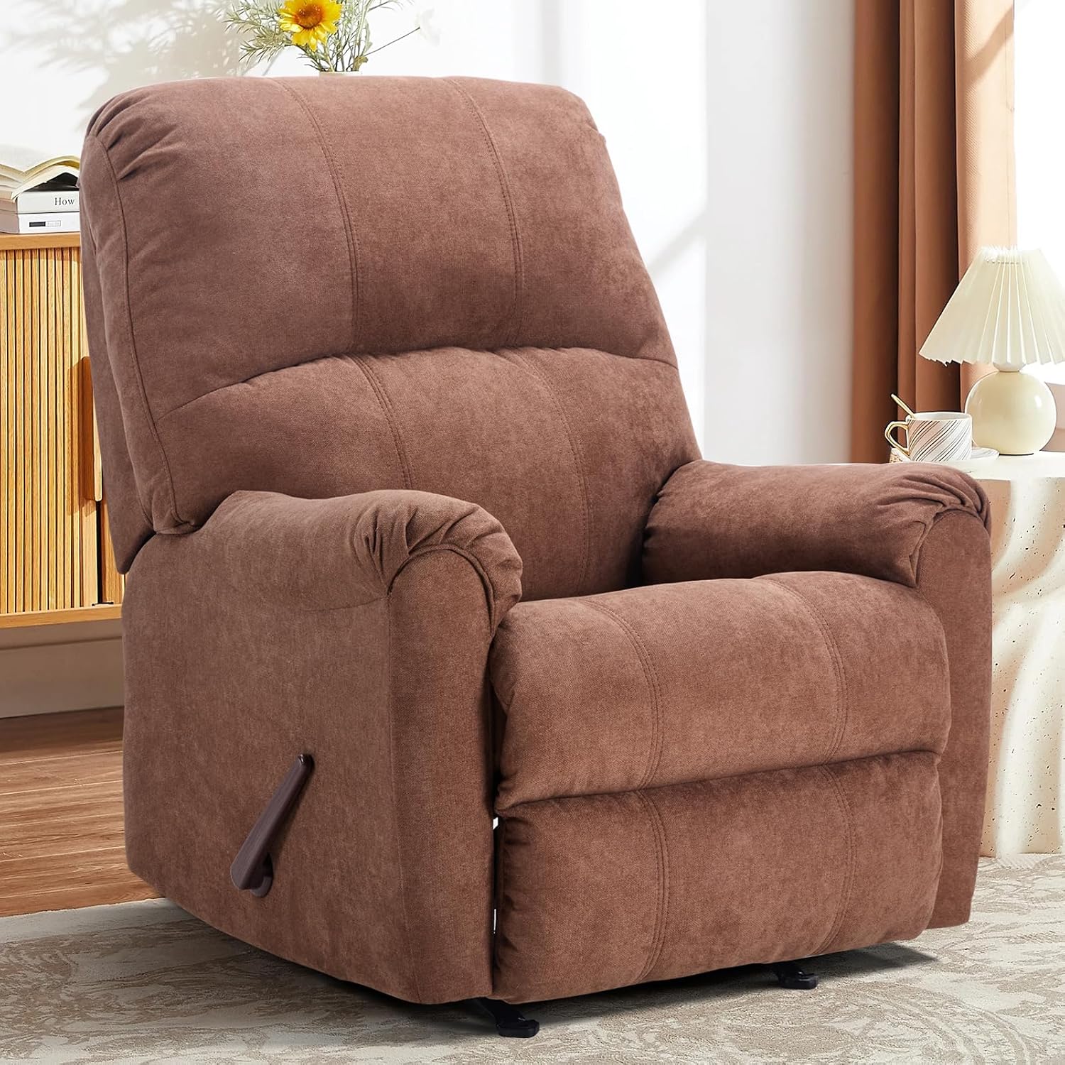 CANMOV Rocker Recliner Chair for Adults,Manual Recliner Chair with Overstuffed Backrest and Armrests, Soft Fabric Manual Rocking Reclining Sofa for Living Room, Brown