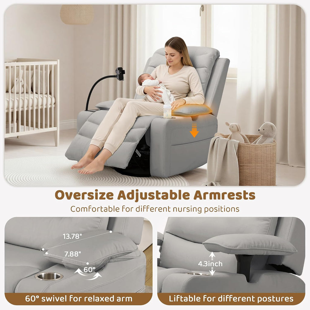Olela Power Glider Recliner Nursery Chair, PU Leather Swivel Rocking Chair with Electric Lumbar Support, USB Charging, Smart Cup Holder, Light, Adjustable Armrest, Wireless Phone Charger Holder