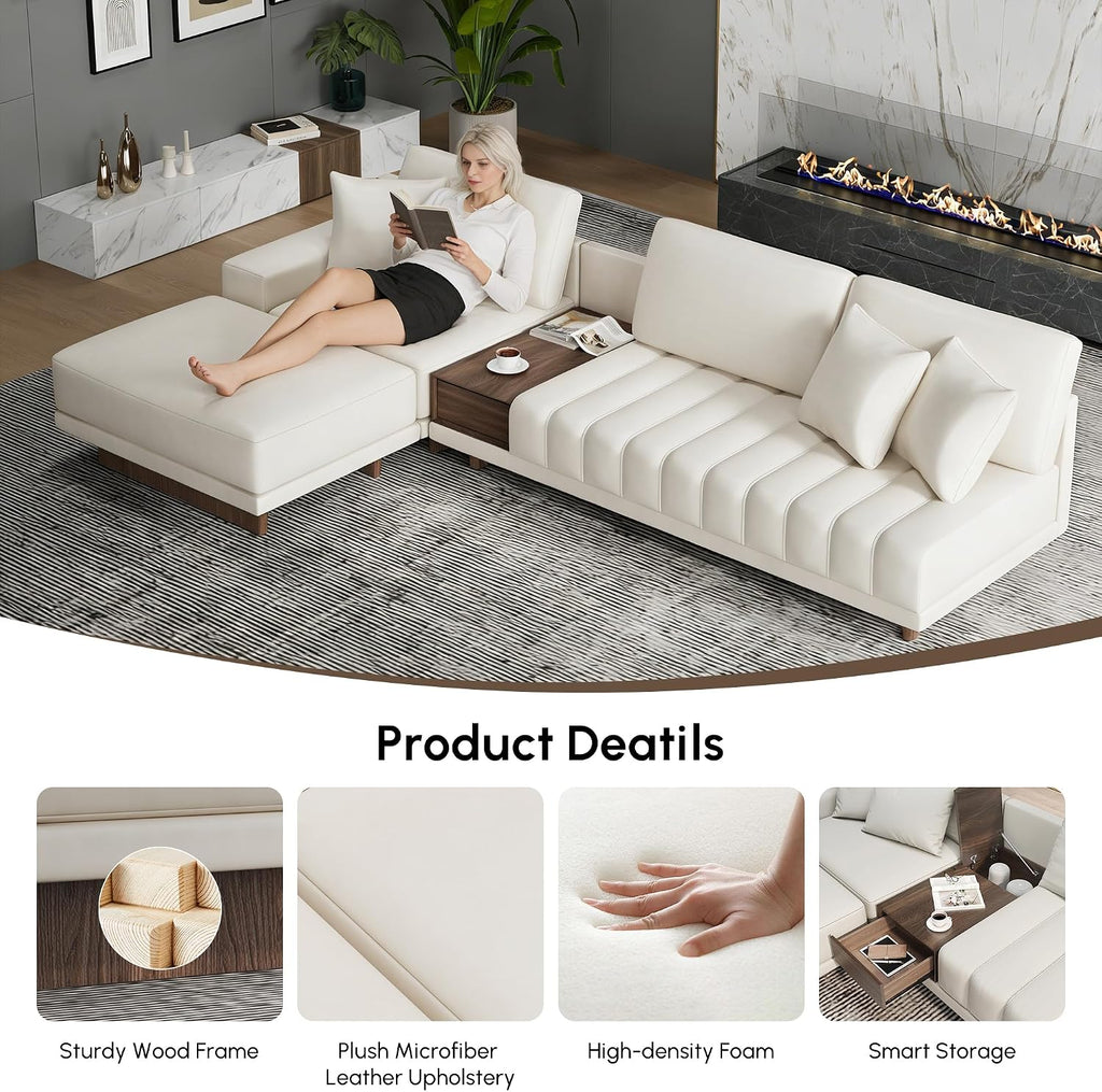 homary Leather Sectional Sofa – 126' Oversized L-Shaped Modular Couch with Storage Table & Ottoman, White Sofa for Modern Living Room or Family Space (Microfiber Leather, Ivory)