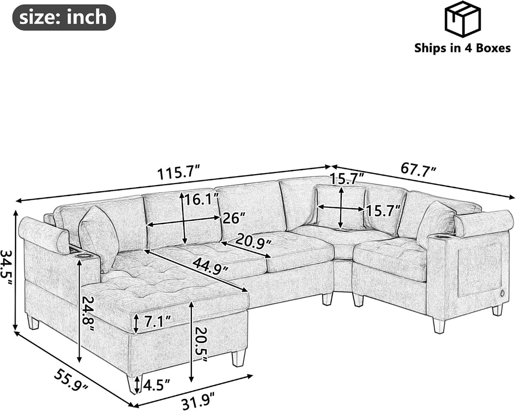 Eafurn Oversized U Shaped Sectional Sofa Tufted Couch w/Left Chaise, 6-Seater Chenille Convertible Corner Couches w/Cup Holders, Storage Armrest and USB Ports