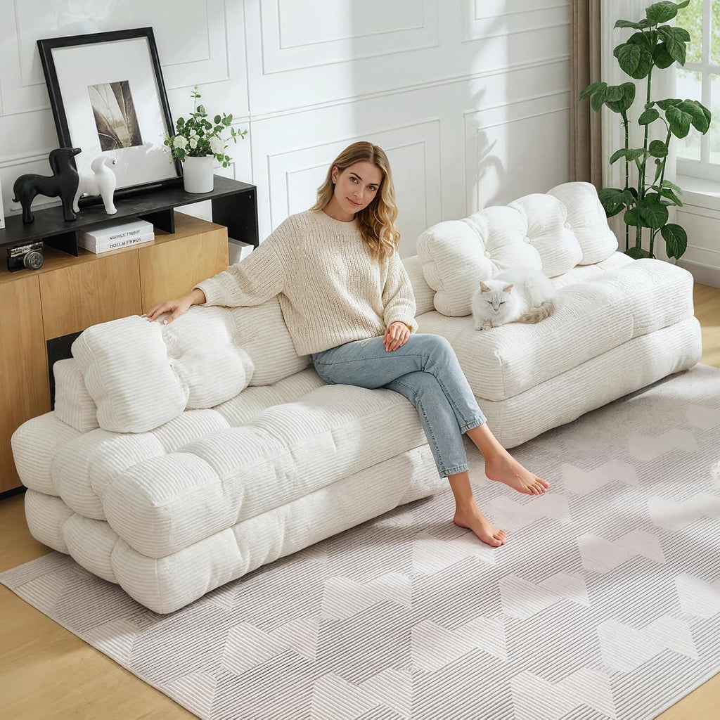 Garvee Folding Sofa Bed, Convertible Sleeper Chair with Pillow Foldable Mattress with Back Support, Boneless Fold Out Chair Bed Comfy Floor Sofa Lounge for Living Room, Bedroom, Beige, Full