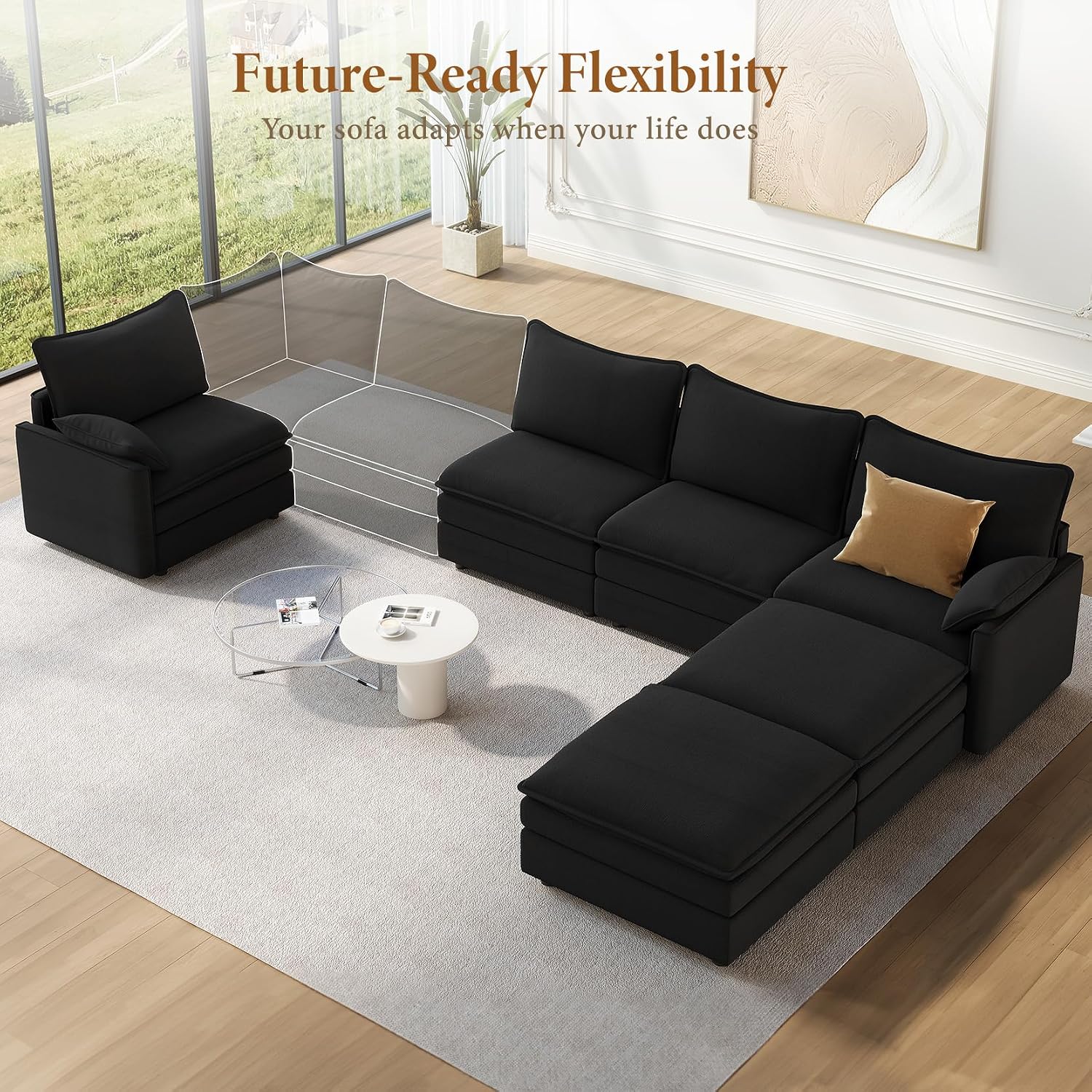 Vesgantti 142' U Shaped Sectional Couch, Comfy Cloud Modular Sectional Sofa with 2 Ottoman Deep Seat Chenille Modern Cloud Sofa, Modular Sofas for Living Room, Bedroom and Apartment, Black