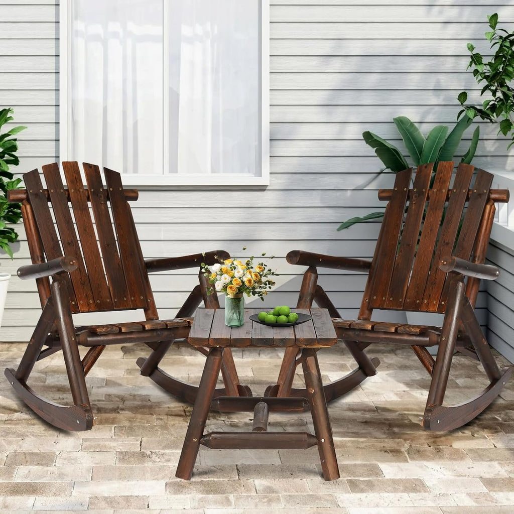 3-Piece Outdoor Wood Rocking Bistro Set, Rustic Adirondack Rocker Chair Set with High Back & Slatted Seat and Side Table, Patio Wooden Conversation Set for Indoor Deck Garden Porch, Carbonized