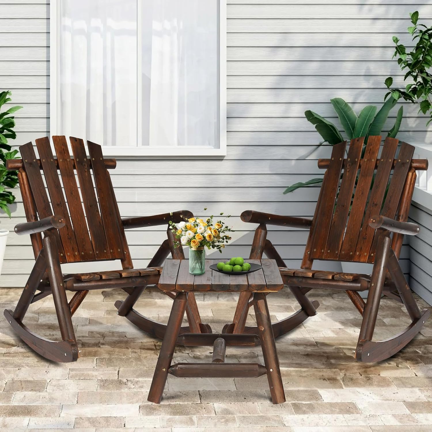 3-Piece Outdoor Wood Rocking Bistro Set, Rustic Adirondack Rocker Chair Set with High Back & Slatted Seat and Side Table, Patio Wooden Conversation Set for Indoor Deck Garden Porch, Carbonized