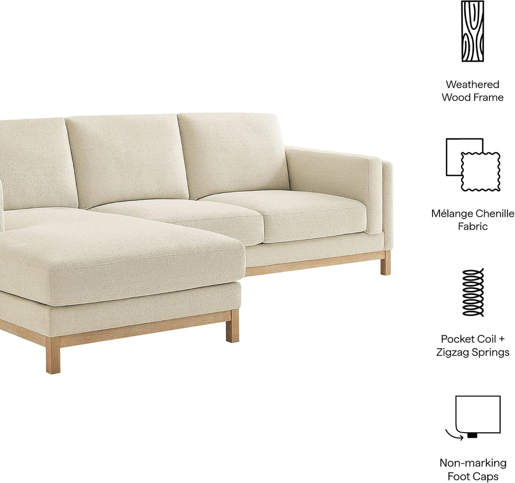 Modway Roscoe Left-Facing Sectional Sofa with Chaise in Ivory - 2-Piece Mélange Chenille Fabric Deep Seat Couch, L Shaped Modular for Living Room or Lounge