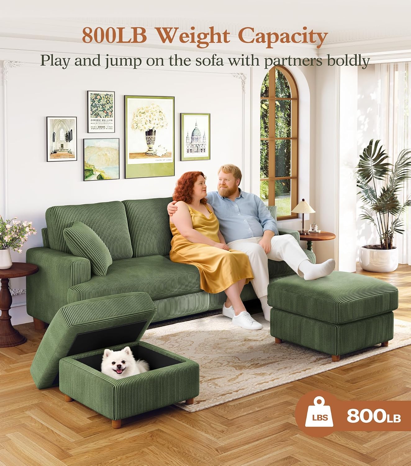 Kidirect 87in U Shaped Couch, Modular Sofa No Tool Assembly, Comfy Sectional Couches for Living Room 21in Deeper Seats, Corduroy Sofas for Living Room with 2 Pillows, Loveseat Sofa Set, Green Couch