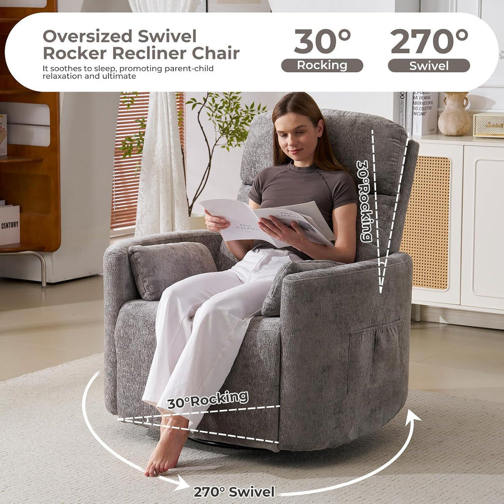 Oversized Swivel Rocker Recliner Chair with Massage and Heat, Manual Swivel Glider Rocker Recliner with 2 Bolster Pillows, Rocking Nursery Chair with Storage Ottoman , Adjustable Headrest, Dark Grey