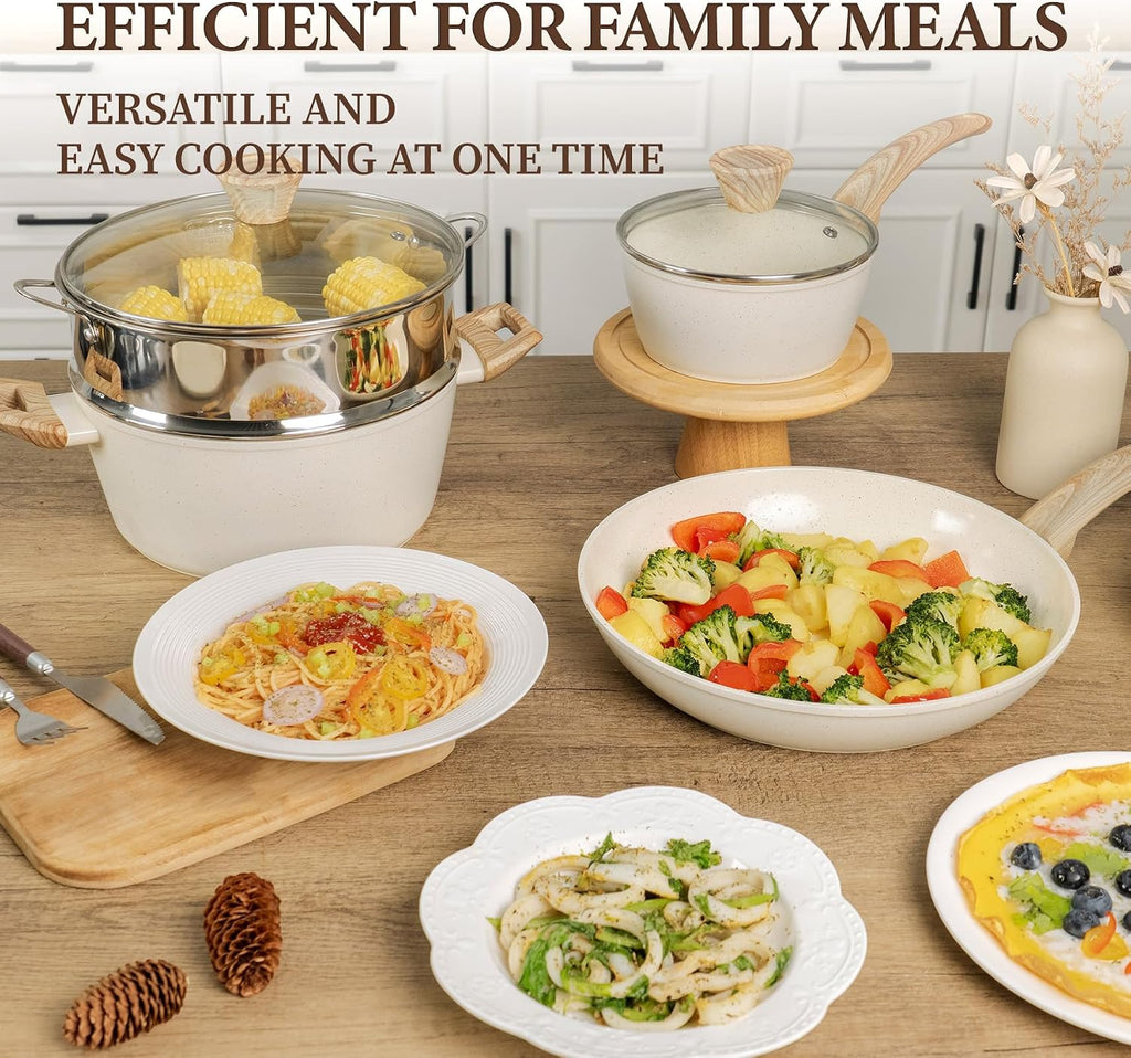 26Pcs Pots and Pans Nonstick Ceramic Cookware Set Nontoxic Kitchen Cooking Set with Steamers Utensils Induction Compatible, PFAS/PFOA Free, Oven and Dishwasher Safe, Cream White