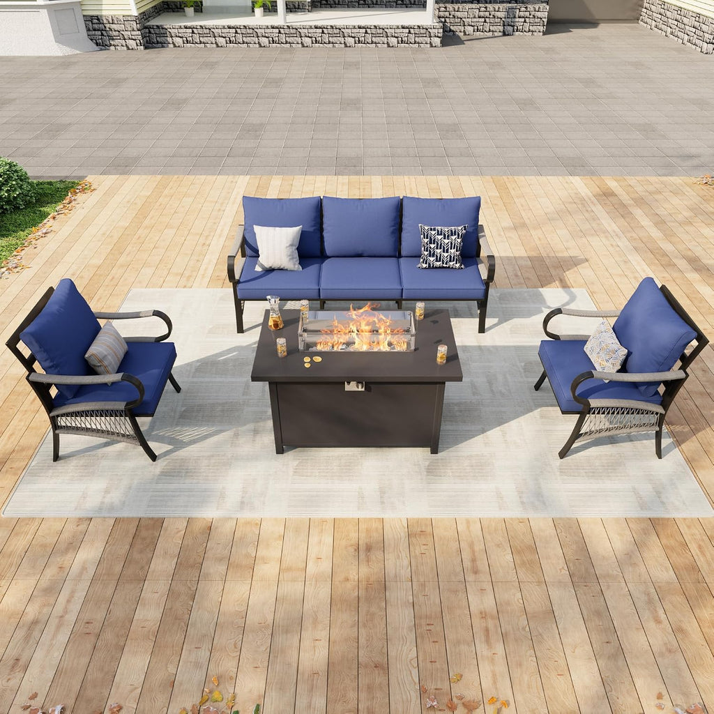 4 Pieces Modern Patio Furniture Set, All Weather Metal Outdoor Conversation Sets with Fire Pit Table for Backyard Garden Deck Porch Poolside, Blue