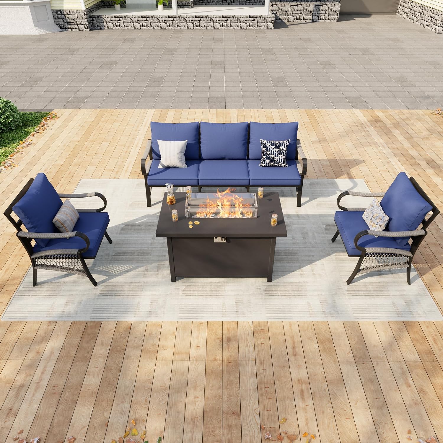 4 Pieces Modern Patio Furniture Set, All Weather Metal Outdoor Conversation Sets with Fire Pit Table for Backyard Garden Deck Porch Poolside, Blue