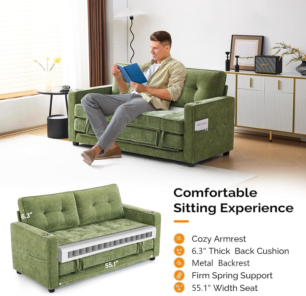 VINGLI Sofa Bed Full Size Pull Out Couch Bed Olive Green Futon Couch 64' W 84' L Loveseat Sleeper Floor Couches for Living Room Convertible Loveseat Sofa Foldable Sofa Bed