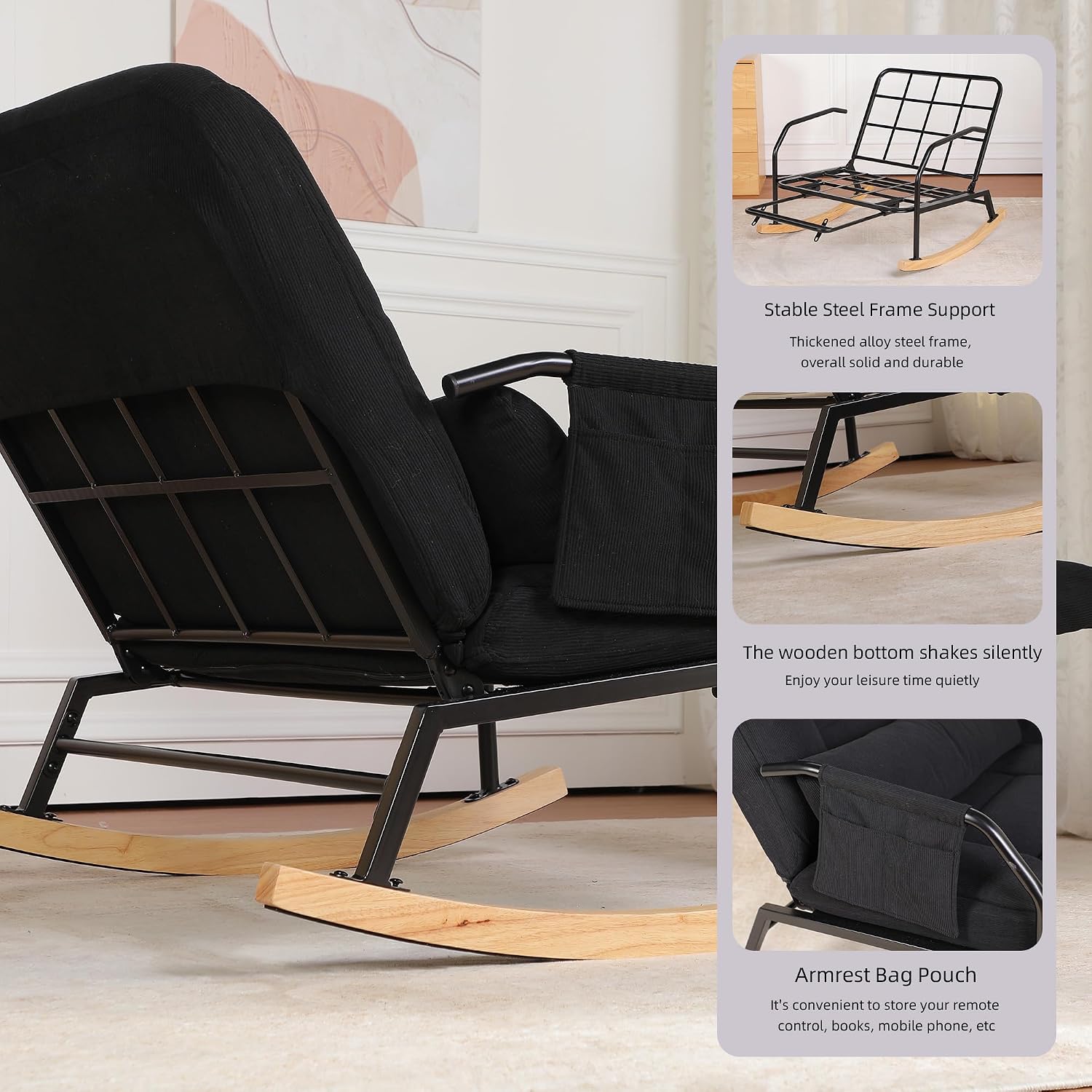 Oversized Rocking Chair, Extra-Wide Glider Patio Rocker Chairs with Foot Rest, Padded Cushion, Adjustable Backrest, Mental Wooden Farm, Indoor/Outdoor Living Room Bedroom Balcony Porch，Black