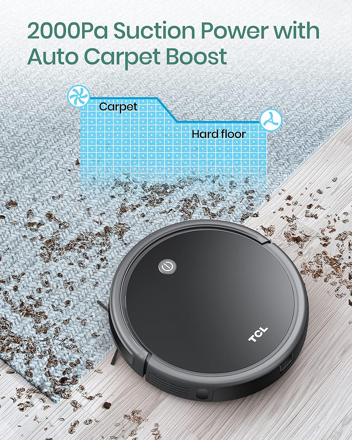 TCL Sweeva 2000 Robot Vacuum Cleaner Ultra Slim 2.76inch, 2000Pa Suction for Pet Hair, Hard Floor & Medium-Pile Carpets, 150mins Runtime, Washable Filter, WiFi & Alexa/Google Enabled