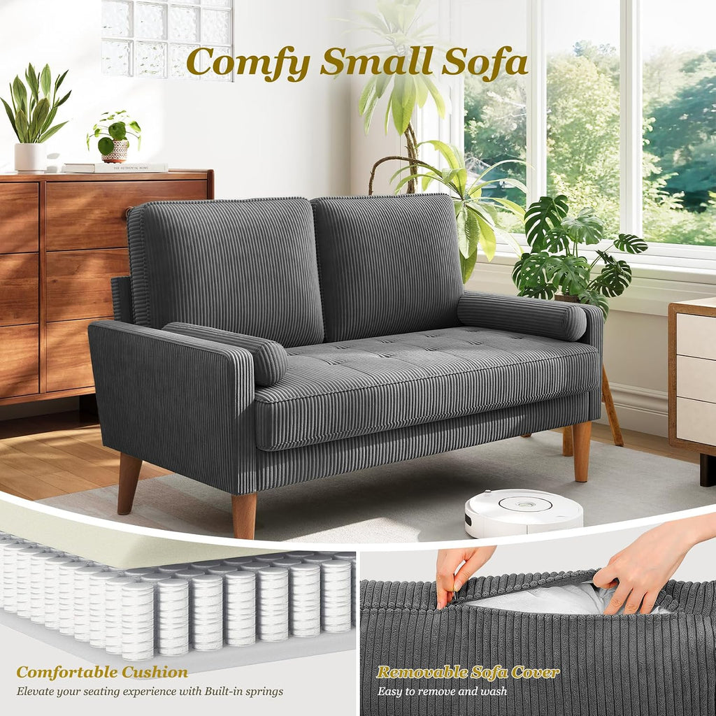 Vesgantti Loveseat Sofa with Solid Wood Legs, Small Corduroy Couches for Small Spaces, Mid Century Modern Love Seat for Living Room, Bedroom, Easy Assembly with Throw Pillow, Grey