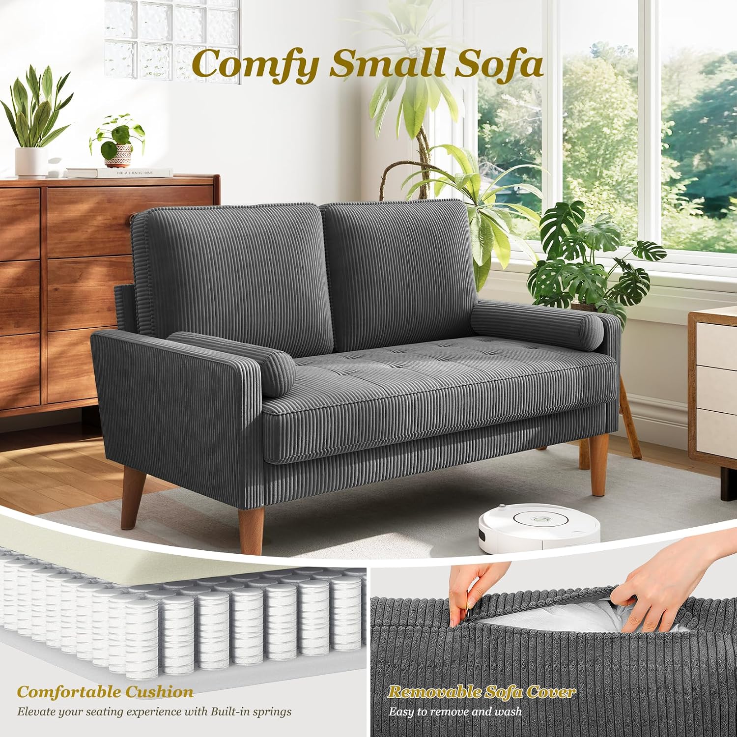 Vesgantti Loveseat Sofa with Solid Wood Legs, Small Corduroy Couches for Small Spaces, Mid Century Modern Love Seat for Living Room, Bedroom, Easy Assembly with Throw Pillow, Grey