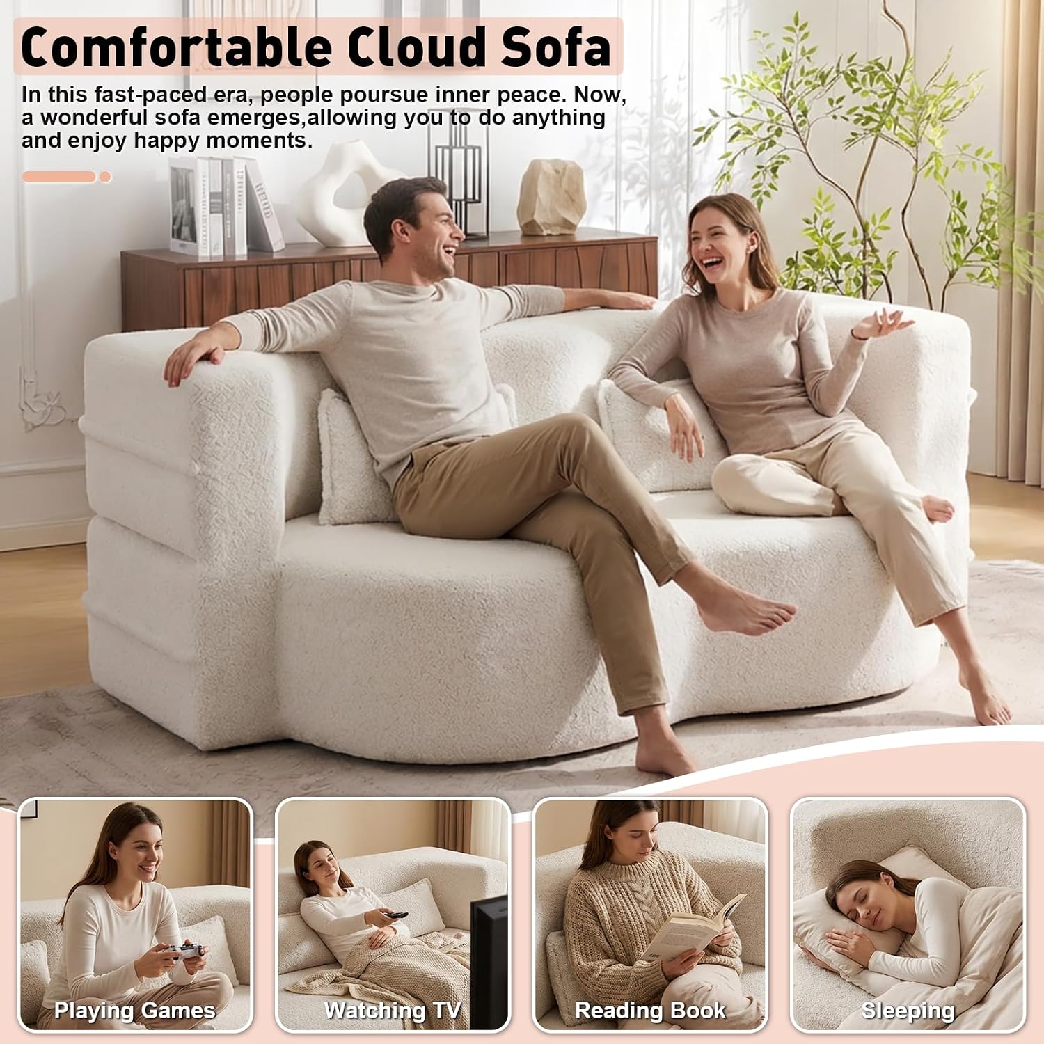 78' Full Size Convertible Folding Sofa Bed, Modern Teddy Fabric Futon Sofa Bed with 2 Pillows, Foam Mattress Futon Loveseat Couch, No Assembly Floor Couches for Living Room, Playroom, Apartment, Beige
