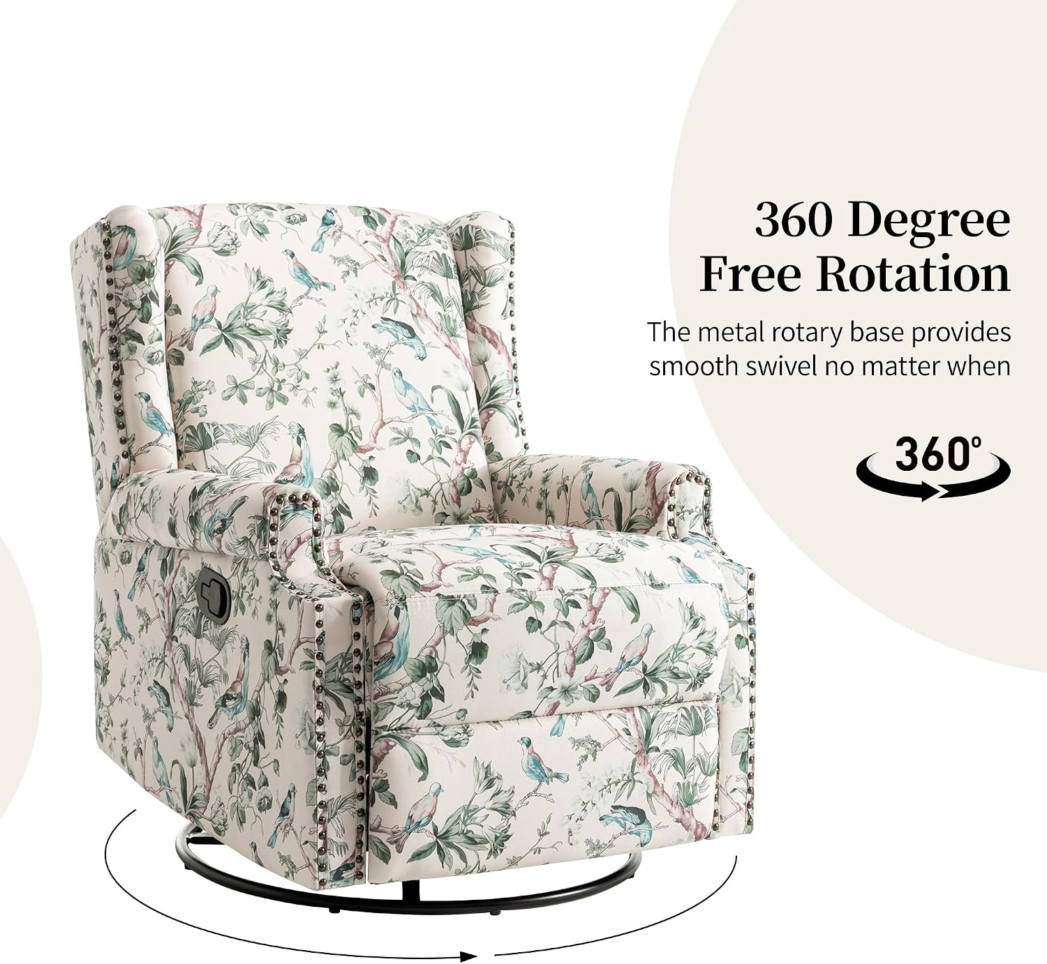Swivel Rocker Recliner Chair, 360° Swivel Wingback Recliner Chairs for Adults, Upholstered Printed Fabric Glider Rocking Chair with High Back, Deep Seat for Living Romm Bedroom, Bird
